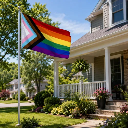 Vista 2 de Bandera de progreso de doble cara del orgullo gay de 2 x 3 pies para exteriores, 3 capas de nailon 320D resistente LGBTQ todo incluido, cabecera