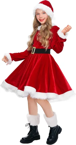 Vista 3 de Koatobbor Disfraz de señora Santa para niñas, vestido rojo, disfraz de Navidad con sombrero y cinturón