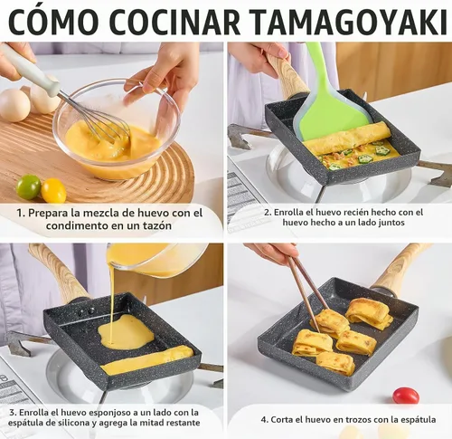 Vista 6 de Sartén de tortilla japonesa,Sartén antiadherente para huevos Tamagoyaki,Sartén rectangular pequeña con tapa,Espátula de silicona y cepillo Negro