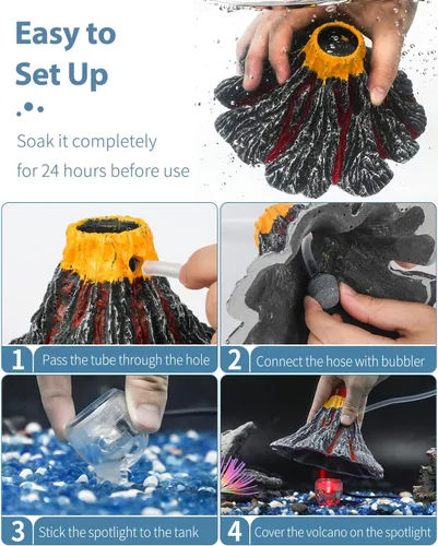Vista 6 de Kit de adorno de volcán para acuario Uniclife Errupción volcánica con mini bomba de aire, foco LED rojo, piedra de aire burbujeador, tubo de línea