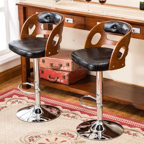 Vista 6 de Taburetes de bar con respaldo de madera maciza, taburetes de bar ajustables de cuero giratorios, sillas de bar giratorias con respaldo, silla de bar