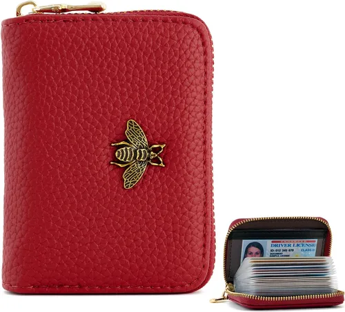 Vista 8 de WOZEAH Tarjetero de cuero para mujer, cartera con bloqueo RFID, con cremallera, tarjetero, para negocios, Negro, Sólido