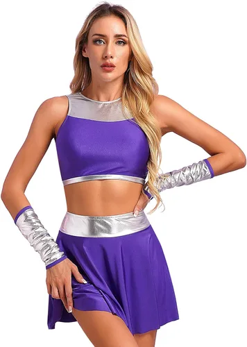 Vista 2 de LiiYii Disfraz de Halloween Starfire para mujer, 3 piezas, tops cortos con faldas y guantes
