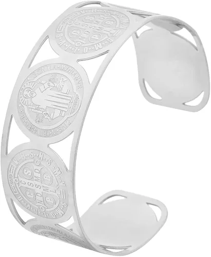 Vista 3 de My Daily Styles - Brazalete de acero inoxidable con cruz de San Benito religioso cristiano