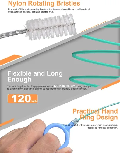 Vista 3 de EVOULTES Herramienta de limpieza de drenaje de techo corredizo automático, cepillo de drenaje flexible de 78 pulgadas, limpiador de tuberías largas