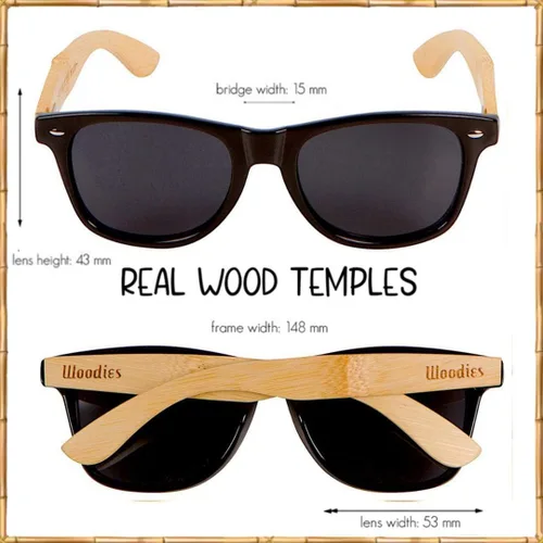 Vista 4 de Woodies Tres lentes de sol polarizados a granel madera de nogal madera de ébano y madera de bambú para hombres y mujeres lentes polarizados negros
