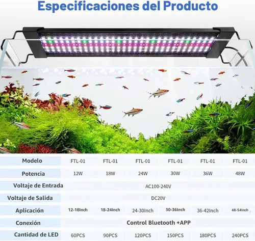 Vista 7 de Luz LED Bluetooth para acuario con control de aplicación, 3 modos para pecera de 12 a 18 pulgadas con espectro completo luces blancas, azules, rojas