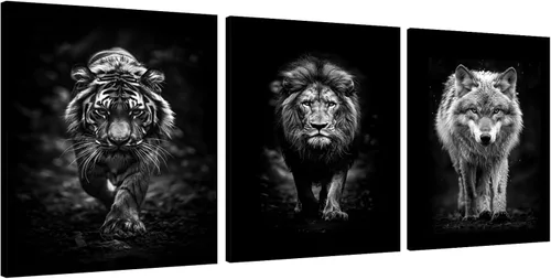 Vista 64 de 3 piezas modernas de lienzo de león de animales salvajes, pinturas de retratos de familia de leones, decoración de pared, obras de arte de sala