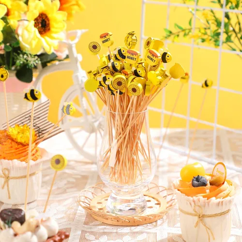 Vista 5 de Zubebe Palillos de cóctel de abejas de verano, palillos de dientes de bambú de girasol, palillos de dientes de cóctel para cupcakes, aperitivos