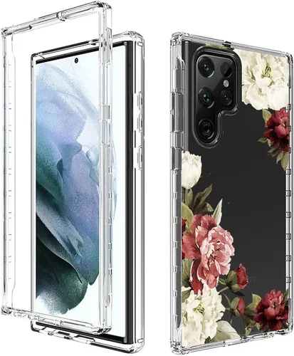 Vista 6 de Funda para Galaxy S22 Ultra 5G SM-S908U con protector de pantalla de vidrio templado, bonito patrón floral transparente, funda protectora de cuerpo