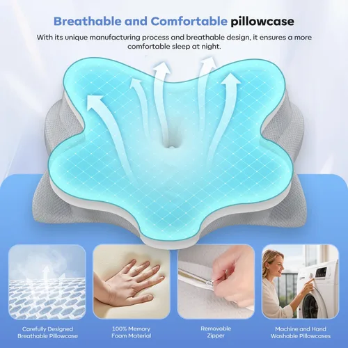 Vista 5 de Almohada cervical para el cuello, almohadas ergonómicas de espuma viscoelástica para aliviar el dolor de cuello con funda de almohada transpirable