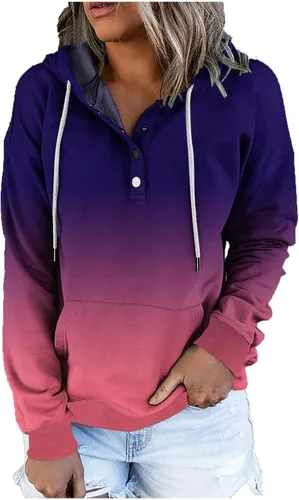 Vista 23 de Sudaderas con capucha para mujer, con cuello de botón, sin botones, con cordón, manga larga, lindas, ropa para adolescentes y niñas