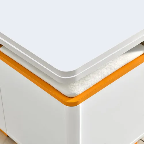 Vista 6 de Mesa auxiliar elevable con 4 taburetes de almacenamiento, moderna mesa central de ahorro de espacio con parte superior plegable, mesa de centro