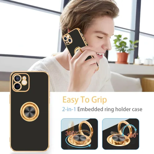 Vista 5 de Fingic - Funda para iPhone 13, soporte giratorio de 360°, soporte magnético Shiny Plating Gold Edge Slim Soft TPU Shockproof Protective Phone Case