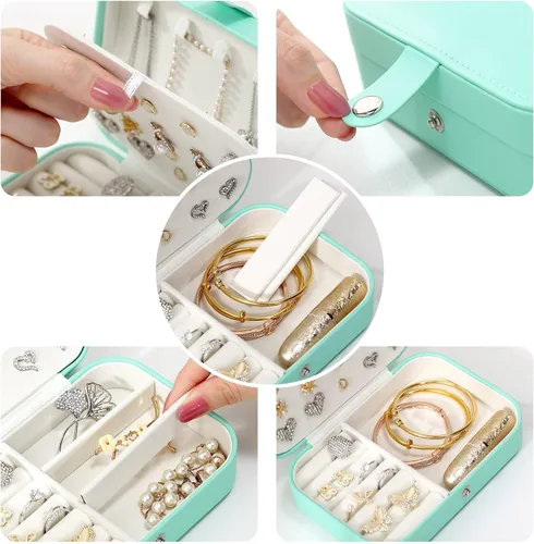 Vista 4 de YKUNIR Joyero pequeño de viaje, de piel sintética, organizador de joyas de doble capa, portátil, mini joyero para anillos, aretes, collares (verde)