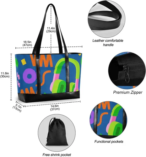 Vista 4 de Retro colorido auriculares formas geométricas portátil bolsa portátil para las mujeres 14 con cremallera bolsa grande para el trabajo con tablet