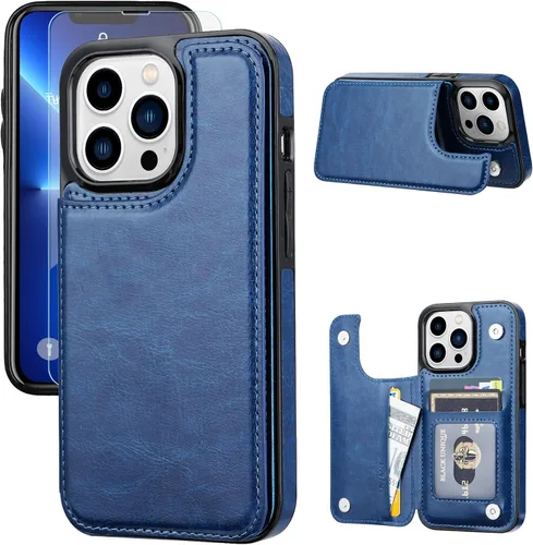 Vista 9 de Funda tipo cartera compatible con iPhone 13 Pro de 6.1 pulgadas, funda protectora delgada con tarjetero, piel sintética de alta calidad, ranuras