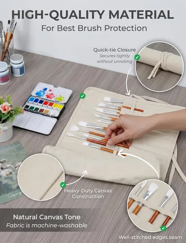 Vista 4 de DUGATO Soporte para pinceles de pintura de lienzo y organizador de almacenamiento, bolsa enrollable (beige, 30 ranuras) Durable Canvas Organizer