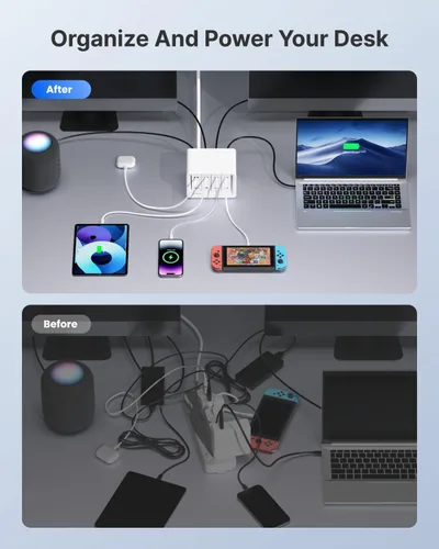 Vista 3 de Gitryin Estación de carga de escritorio 12 en 1 con 3 cargadores retráctiles tipo C y 1 cargador Lightning, concentrador de carga USB-C de 160 W
