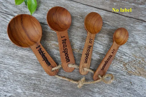 Vista 3 de Juego de cucharas medidoras de madera de teca rústica, 4 piezas de madera de teca ecológica (sin marcas)