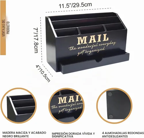 Vista 2 de EXQUIDECA Soporte rústico negro de madera para almacenamiento de correo de encimera con cajón y compartimentos - Accesorios de escritorio de oficina