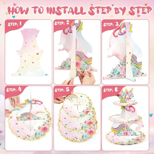 Vista 4 de Soporte para cupcakes de unicornio de 3 niveles, decoración de fiesta de arcoíris, unicornio, cumpleaños, soporte para cupcakes, torre de postre