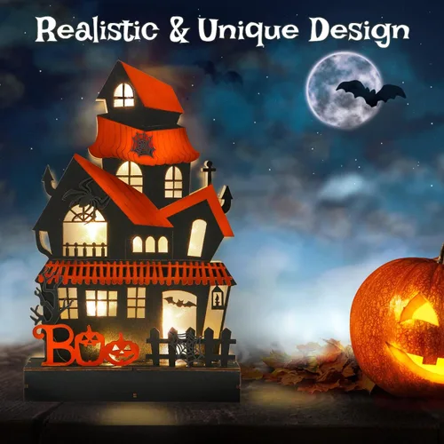 Vista 2 de Decoraciones de Halloween para interiores, luces de casa embrujada, decoración de mesa de madera para el hogar, funciona con pilas, decoración