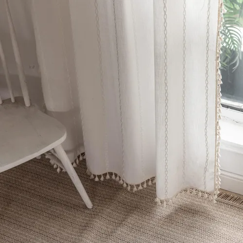 Vista 19 de 2 paneles de cortinas de lino semiopacas para ventana, bohemias y rústicas, con rayas bordadas y bolsillo para cortinero, para sala de estar