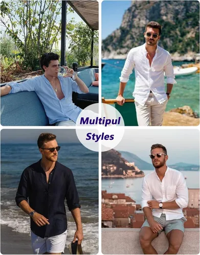 Vista 3 de COOFANDY Camisa de algodón y lino para hombre, camisa de playa casual con botones y manga larga