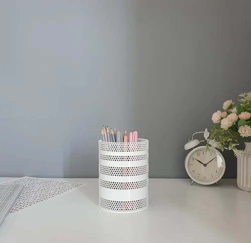 Vista 2 de Soporte de malla metálica para lápices, soporte para tazas, organizador de escritorio de oficina, papelería, soporte para brochas de maquillaje