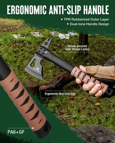 Vista 5 de MOSSY OAK Hacha de camping de 12" y hacha de supervivencia con funda Outdoor Multitool Hatchet w/ Hex Wrench Slots, Non-Slip Dual-Color Handle