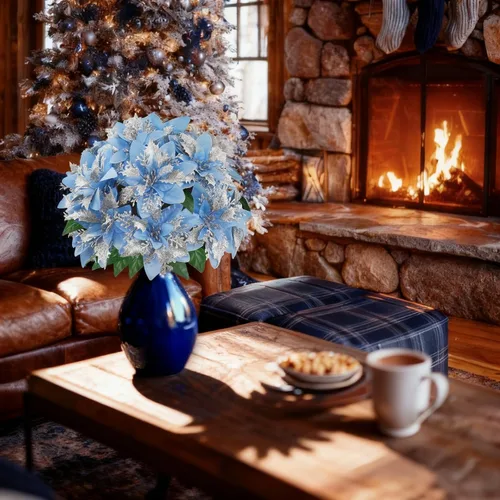 Vista 7 de 4 flores artificiales de Pascua de Navidad, adornos de flores sintéticas con purpurina, 5 tallos de Pascua florales con hojas de tallo para fiesta