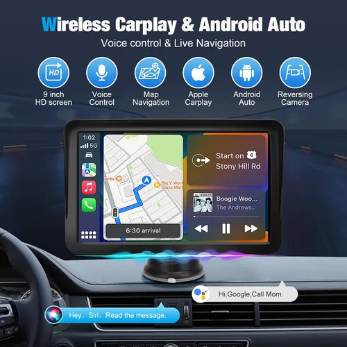 Vista 2 de Pantalla inalámbrica CarPlay de 9" para coche, receptor Apple CarPlay y Android Auto con cámara de respaldo 1080P, pantalla táctil HD, Bluetooth