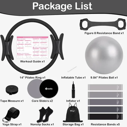 Vista 2 de Hoedia Kit de Pilates de 17 Piezas para Mujeres, Equipo de Pilates Anillo y Pelota Set con Bandas de Resistencia, Correa de Yoga, Deslizadores