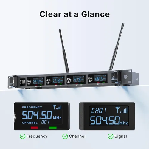 Vista 5 de XTUGA Sistema de micrófono inalámbrico A140, juego de micrófono inalámbrico UHF de 4 canales con cuatro micrófonos BodyPack, construcción totalmente