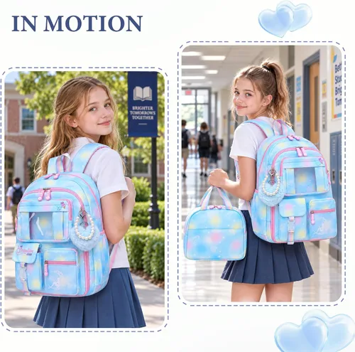Vista 7 de Alrisg Mochila escolar para niñas, para escuela primaria, linda mochila para niñas, color azul