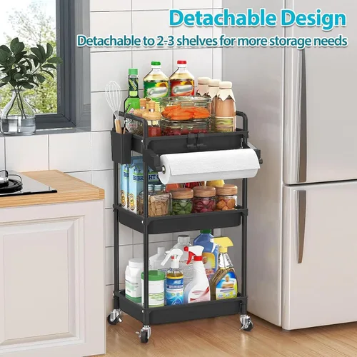 Vista 5 de SPACEKEEPER Carrito de almacenamiento rodante, carrito utilitario de 3 niveles, organización de cuarto de servicio, estantería móvil, organizador