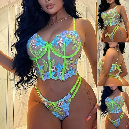 Vista 5 de Conjunto de lencería de encaje de dos piezas para mujer, color sólido, brasier inalámbrico, ropa interior, bragas, lencería de peluche