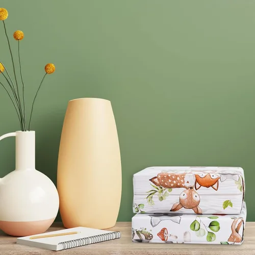 Vista 6 de AnyDesign 12 hojas de papel de regalo de criaturas del bosque, papel de regalo de eucalipto de animales de la selva, papel de arte plegado plano