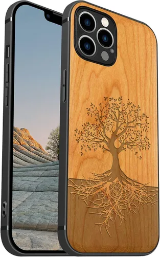 Vista 14 de Carveit Funda de madera para iPhone 12, árbol con raíces - Blackwood) Blackwood-12