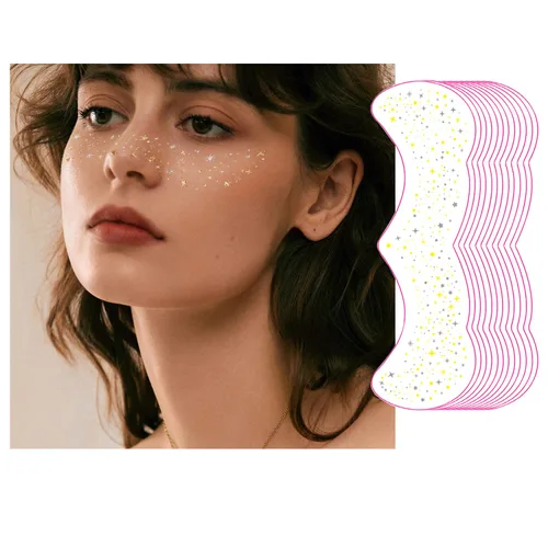 Vista 12 de Tatuaje facial de pecas con purpurina, 12 hojas de pecas impermeables con purpurina facial marrón, parches de maquillaje, tatuajes faciales