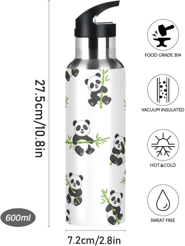 Vista 9 de Cute Cartoon Pandas - Botella de agua blanca aislada de 32 onzas, sin BPA, con popote a prueba de fugas