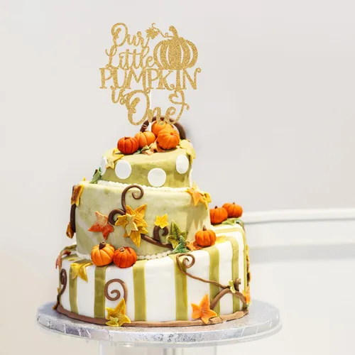 Vista 5 de Purpurina dorada, "Our Little Pumpkin is One Cake Topper, Little Pumpkin/Sweet Little Pumpkin/Pumpkin One, calabaza, otoño, temática, decoración