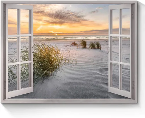 Vista 8 de Arte de Lienzo de Ventana Abierta para Pared: Paisaje Costero de Playa al Atardecer Vista de Ventana Falsa Imagen Olas Azules del Océano Pintura