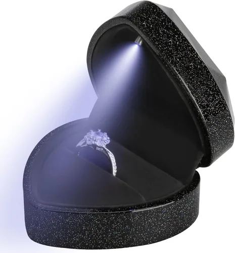 Vista 7 de LETURE Caja de regalo para anillos en forma de corazón con luz LED, joyero de terciopelo para aretes con luz, caja de exhibición de joyas para Negro