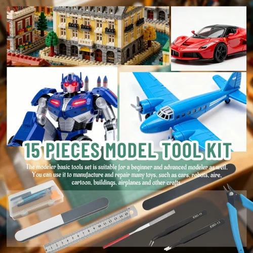 Vista 7 de Bigstone Kit de herramientas de construcción de 15 piezas Gundam para automóviles, aviones, edificios, Gundam, modelos de robots, reparación