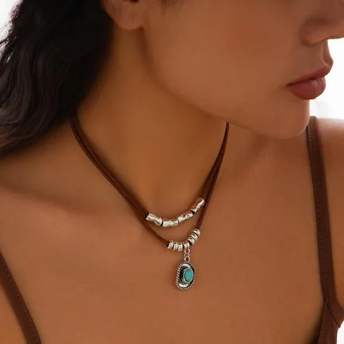 Vista 5 de Collar occidental en capas para mujer, estilo vintage, turquesa, con cuentas, gargantilla de estrella, cabeza de toro, concha, cactus, concierto