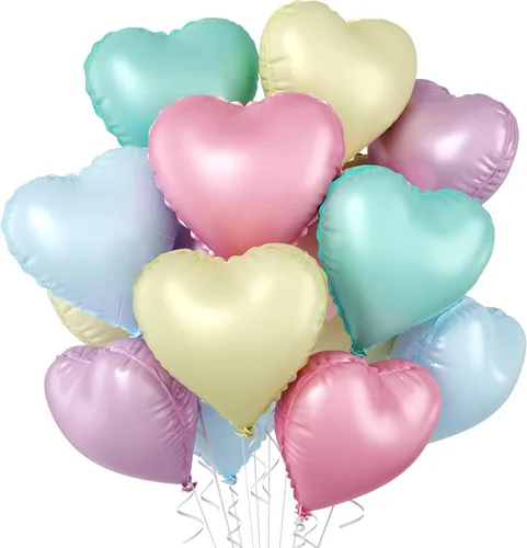 Vista 20 de Globos de corazón azul bebé, 10 piezas de globos en forma de corazón azul claro y blanco pastel, globos de papel de aluminio blanco arena crema