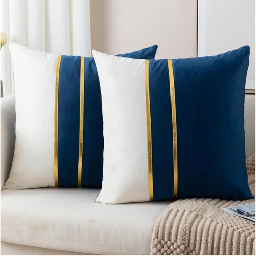 Vista 19 de ZLINA Juego de 2 fundas de almohada decorativas de terciopelo verde aguamarina y blanco con parches y cuero dorado de 16 × 16 pulgadas, fundas
