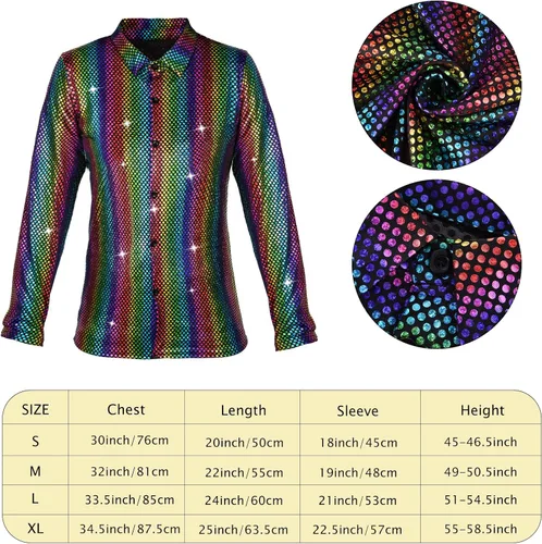 Vista 2 de XLSXEXCL 4 piezas de disfraz de discoteca de los años 70 para niños, con lentejuelas y manga larga, camisa brillante para niños, fiesta de cosplay